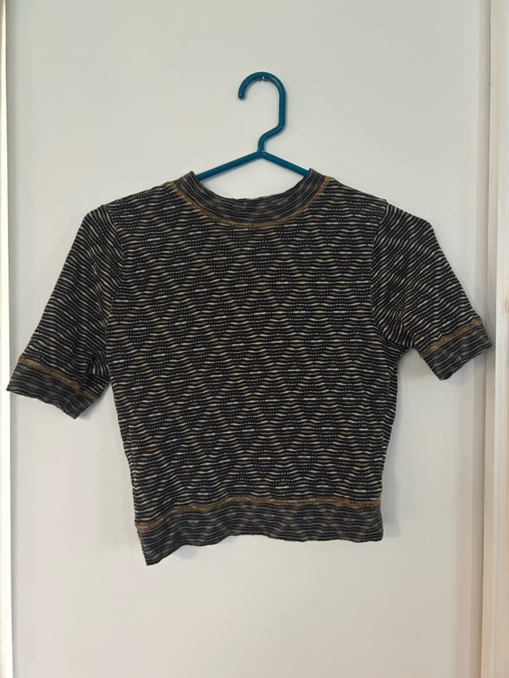 Free People Intimately Cropped Ribbed Knit Top - Navy Blue & Golden Yellow